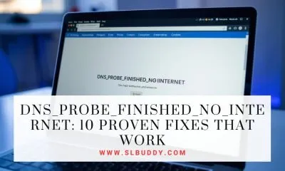 Laptop screen displaying the DNS_PROBE_FINISHED_NO_INTERNET error in a web browser