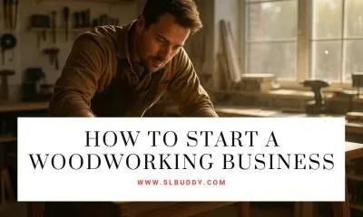 A carpenter working in a small workshop using woodworking tools to illustrate how to start a woodworking business.