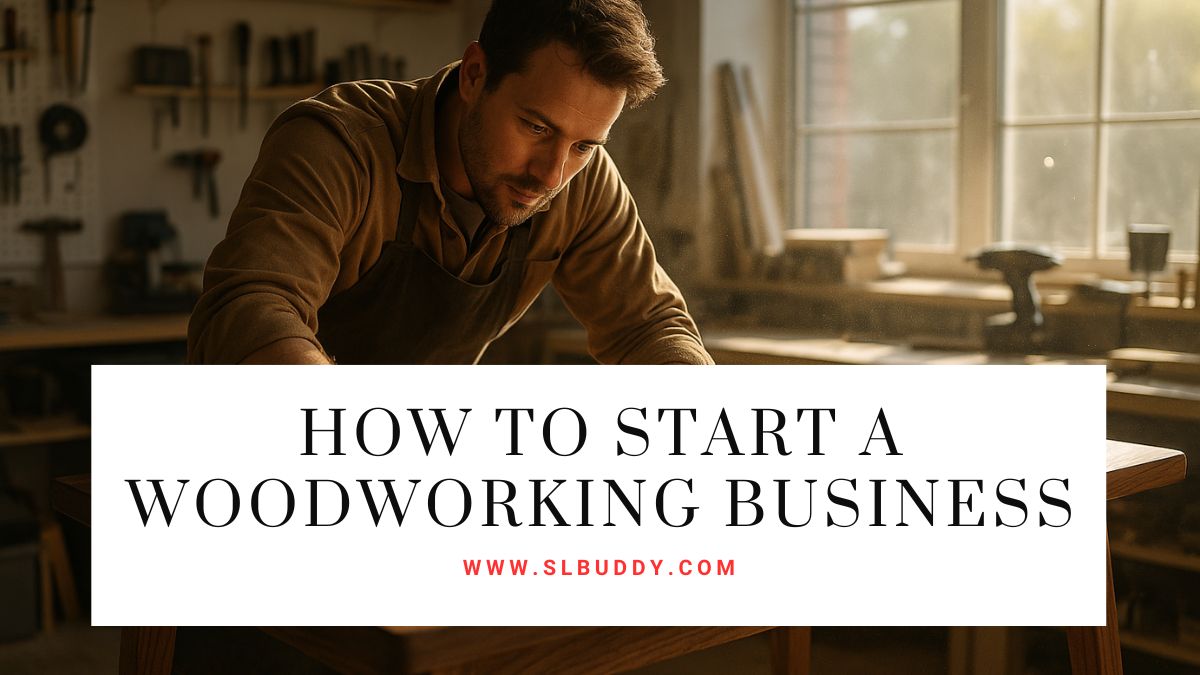 A carpenter working in a small workshop using woodworking tools to illustrate how to start a woodworking business.