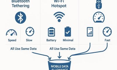 Does Bluetooth tethering use hotspot data diagram: smartphone connected via Bluetooth to laptop with mobile data flowing from cellular tower through phone to both devices