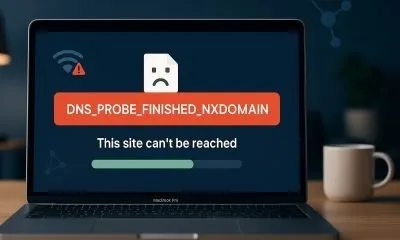 MacBook displaying DNS_PROBE_FINISHED_NXDOMAIN error in Chrome browser with search bar and error message highlighted in red