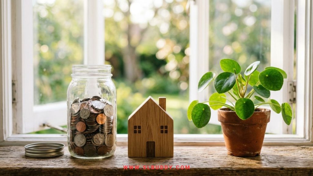Coin jar filling beside a small model house, showing rent savings growing over time