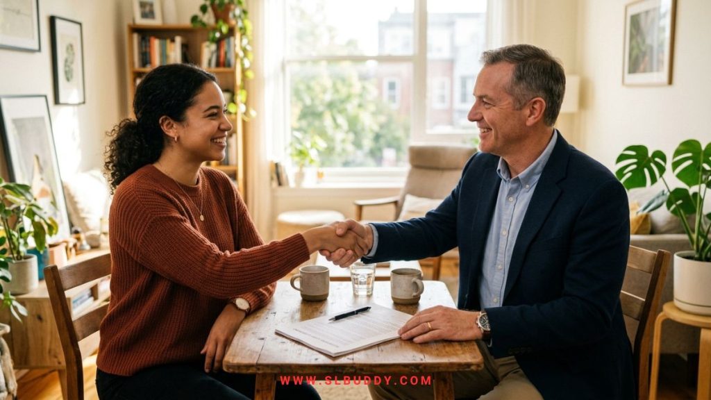 Tenant and landlord shaking hands over a lease, negotiating a lower rent