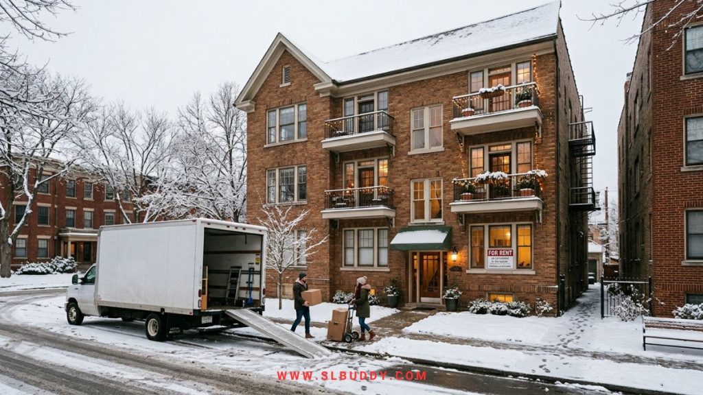 Apartment building with a for-rent sign on a snowy winter day, the best off-season time to rent