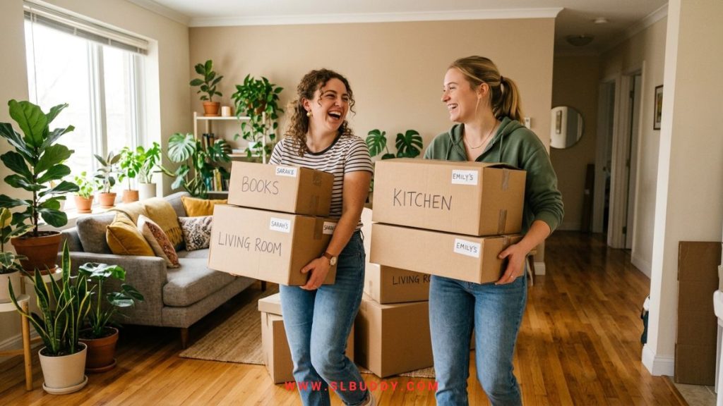 Two roommates carrying boxes into a shared apartment to split the rent
