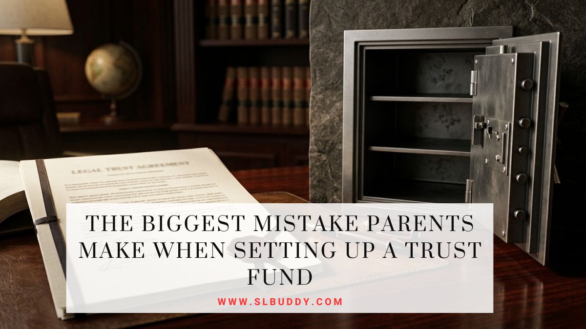 Signed trust fund legal document on a desk beside an empty open safe — representing a trust created but never funded