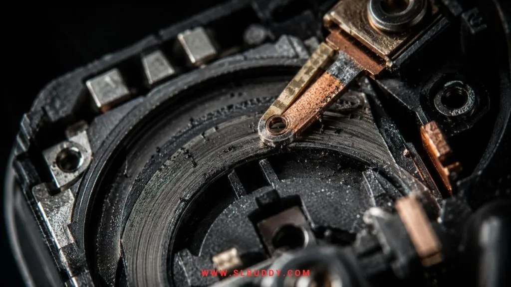 controller drift cause potentiometer carbon track wear 2026 Macro close-up of a gaming controller potentiometer showing metal wiper and worn carbon track that causes stick drift