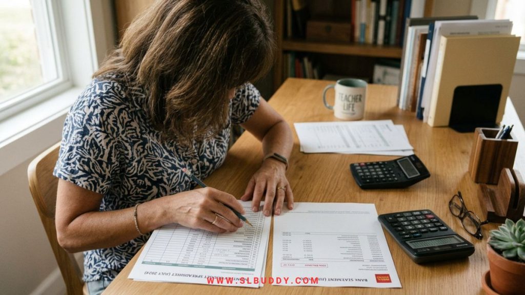 Teacher reviewing monthly budget and bank statements during summer when no paycheck arrives under a 10-month pay structure