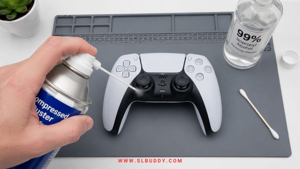 fix controller drift clean analog stick isopropyl compressed air 2026 Cleaning PS5 DualSense controller analog stick drift with compressed air and isopropyl alcohol cotton swab