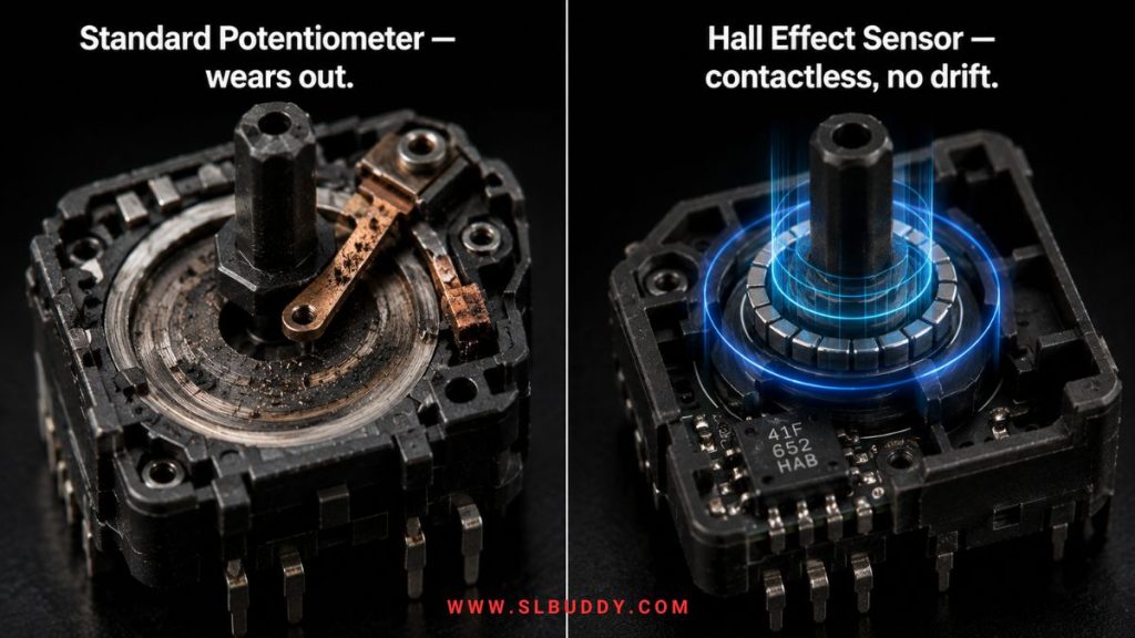 hall effect vs potentiometer controller stick drift fix 2026 Side by side comparison of a worn standard potentiometer controller stick module versus a contactless Hall Effect sensor module that prevents drift