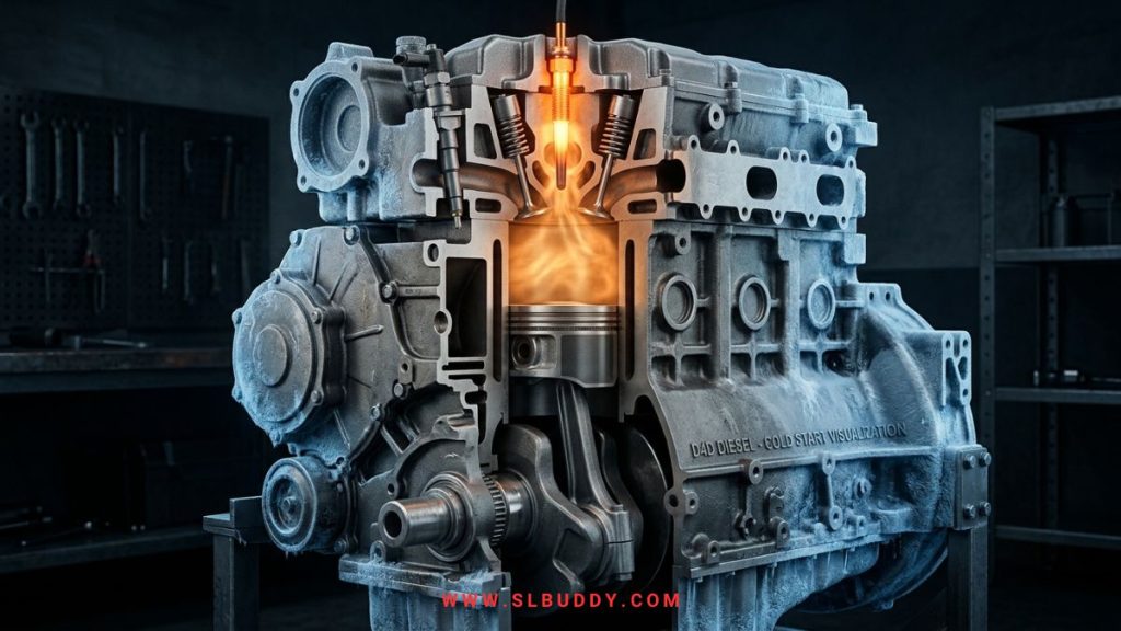 Diesel engine cylinder cross-section showing a glowing glow plug preheating the combustion chamber in cold weather