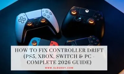 PS5 DualSense, Xbox, Nintendo Switch Joy-Con and PC controller laid flat showing stick drift issue on all platforms