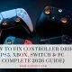 PS5 DualSense, Xbox, Nintendo Switch Joy-Con and PC controller laid flat showing stick drift issue on all platforms