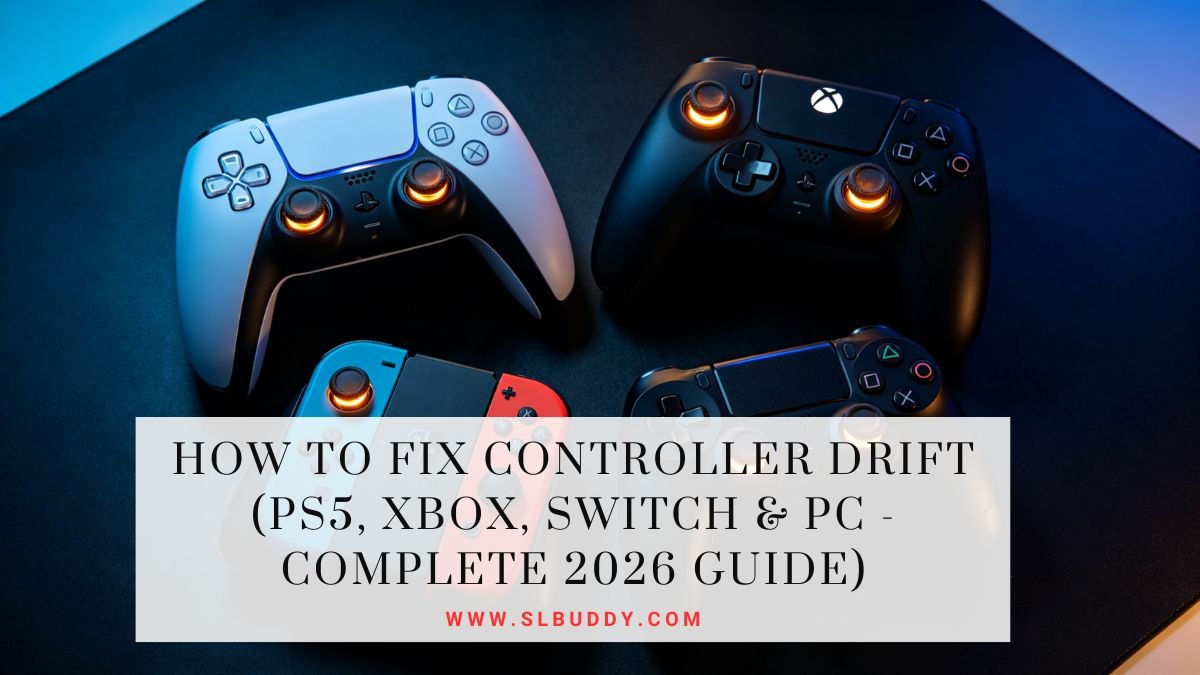how to fix controller drift ps5 xbox switch pc 2026 PS5 DualSense, Xbox, Nintendo Switch Joy-Con and PC controller laid flat showing stick drift issue on all platforms