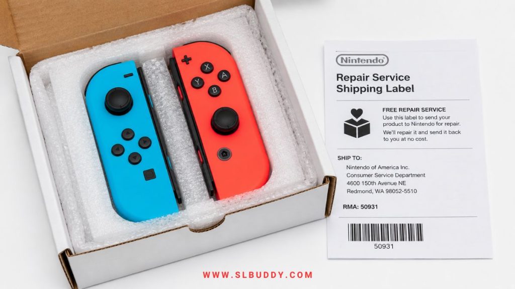 nintendo joy con drift free repair program shipping 2026 Nintendo Switch Joy-Con controllers packed in a shipping box for Nintendo's free Joy-Con drift repair program