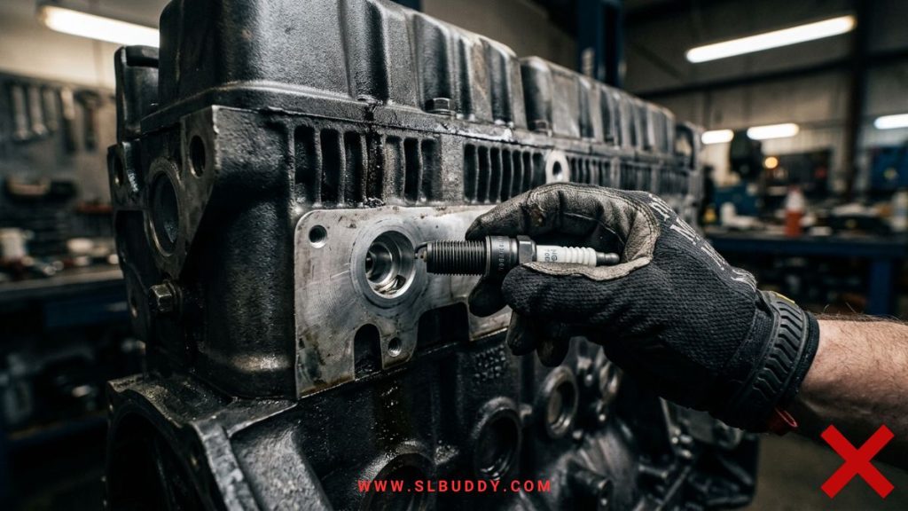Mechanic holding a spark plug next to a diesel engine cylinder head showing the incompatible thread size and wrong fit