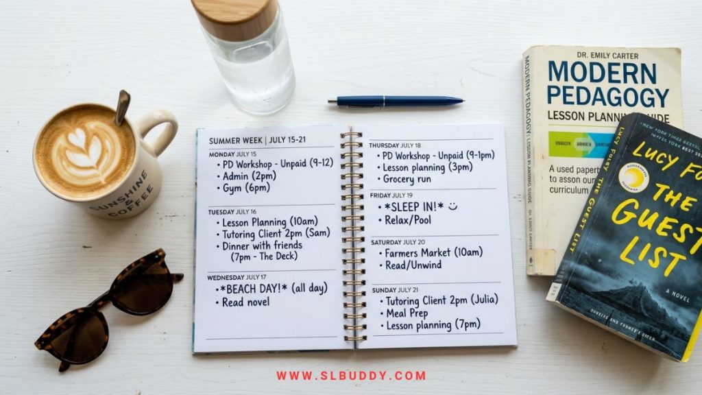 Teacher summer weekly planner flat lay showing a mix of professional development, tutoring sessions, lesson planning, and personal rest days