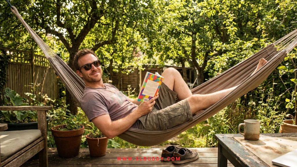 Teacher relaxing in a backyard hammock reading a novel during summer break — resting and recovering from the stress of the school year