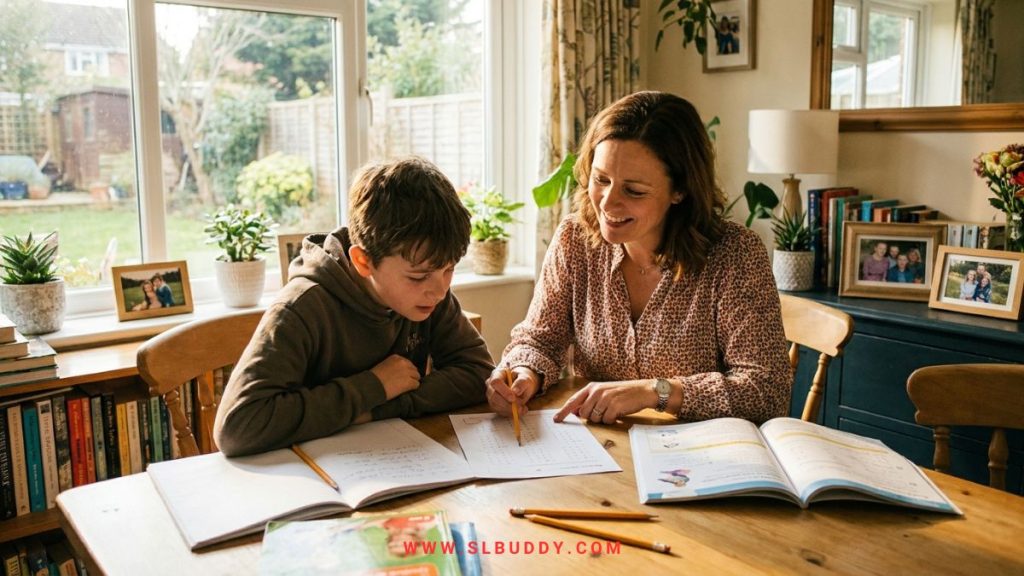 Teacher tutoring a middle school student at a home dining table during summer as a second job to supplement teaching income