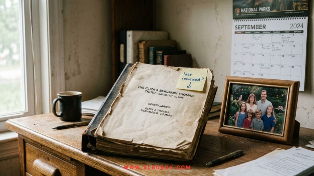 Outdated trust fund document with sticky note asking when it was last reviewed, beside a family photo showing more children than were originally named