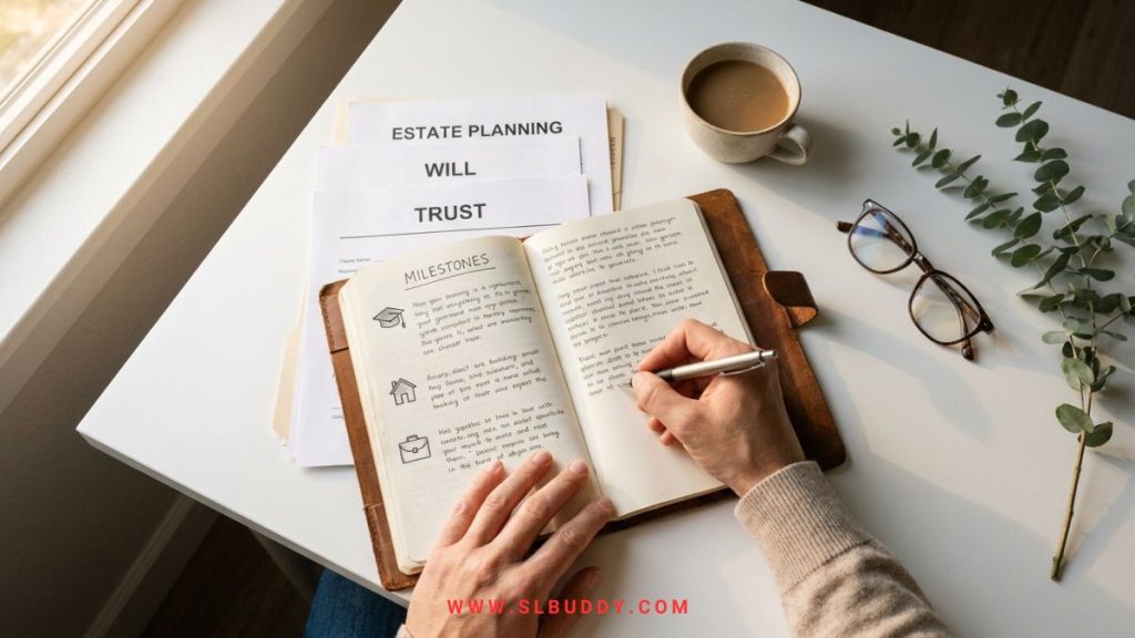 Parent writing trust fund distribution milestones and purpose in a planning journal alongside estate planning documents