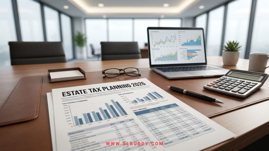 Estate tax planning document for 2026 showing trust tax brackets and the 15 million dollar federal estate tax exemption on a financial advisor's desk