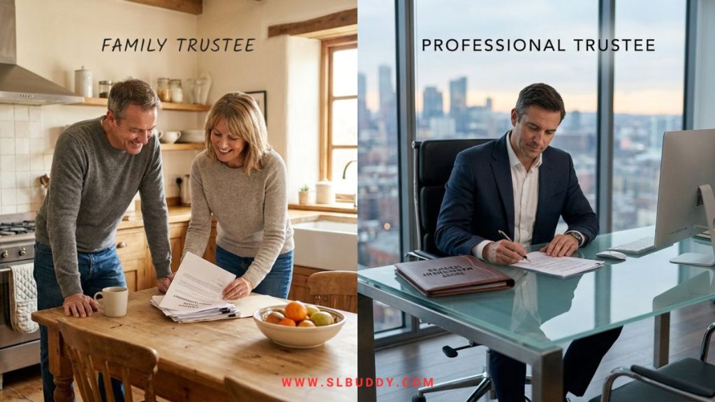 Side by side comparison of a family member chosen as trustee versus a professional corporate trustee for a child's trust fund