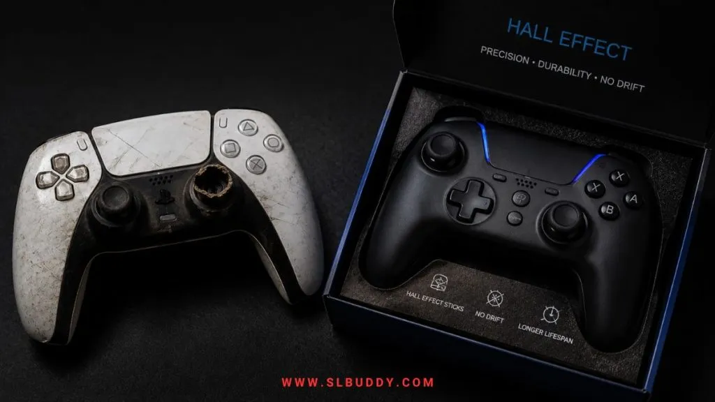 when to replace controller drift hall effect upgrade 2026 Worn and damaged PS5 DualSense controller with broken analog stick beside a brand new Hall Effect gaming controller upgrade
