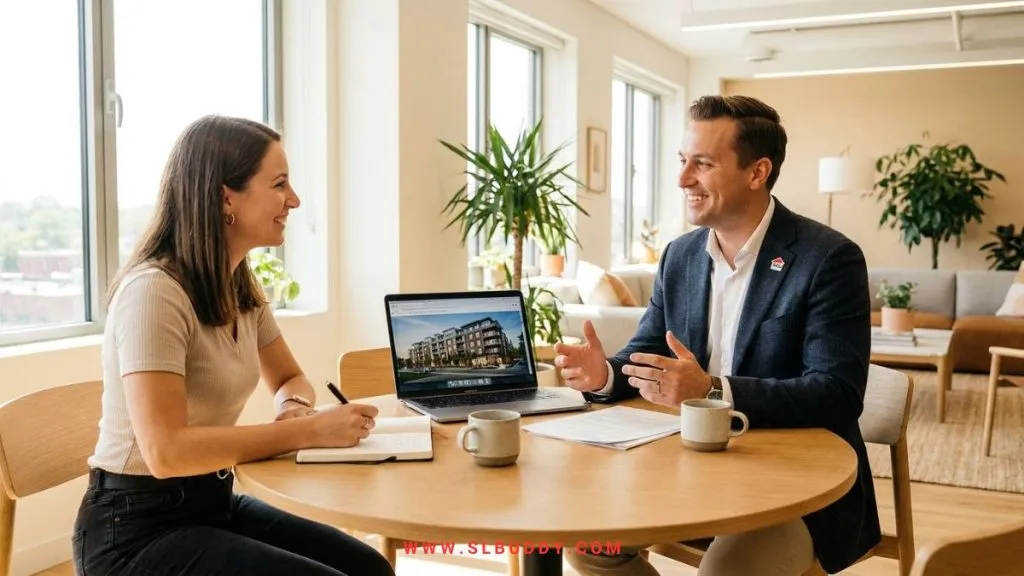 Person interviewing a friendly real estate agent at a table before hiring