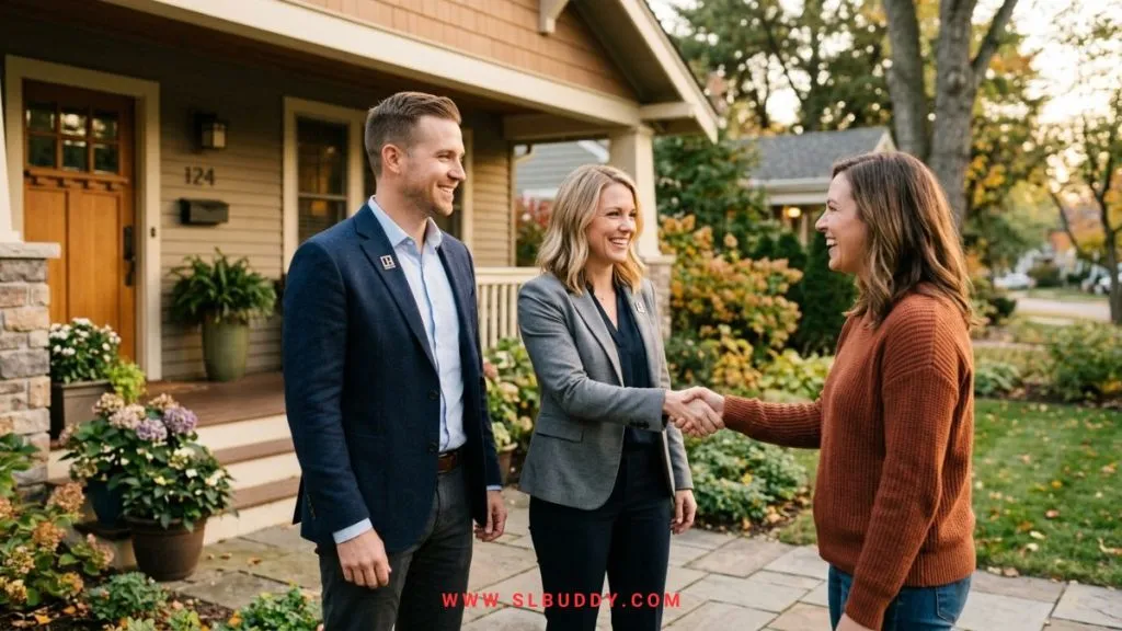 Two real estate professionals with a client, showing that the difference between an agent and a Realtor is NAR membership