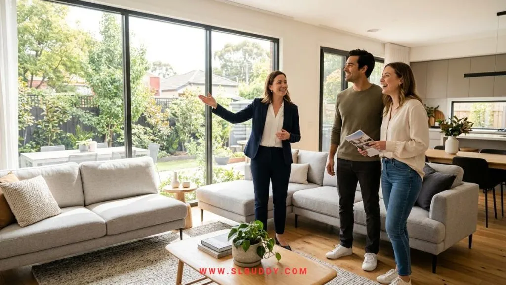 Real estate agent showing a modern living room to a couple during a home viewing