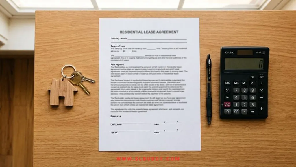 Desk with a calculator, house keychain, and signed agreement showing real estate commission changes