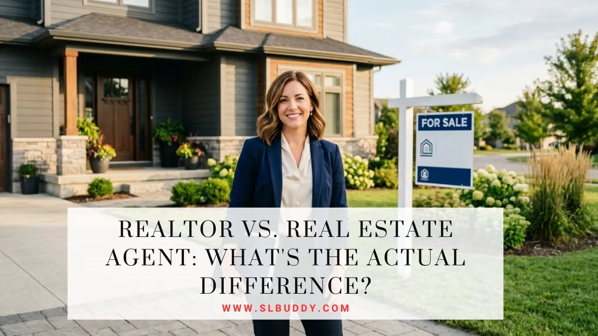 Real estate agent standing outside a home with a for-sale sign, illustrating the difference between a Realtor and a real estate agent