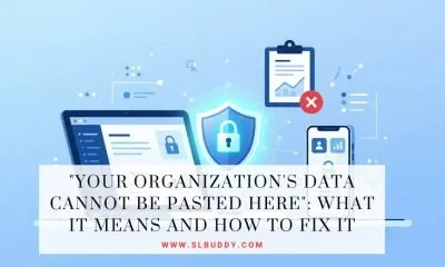 Illustration of a blocked clipboard between a laptop and phone, showing the "your organization's data cannot be pasted here" error