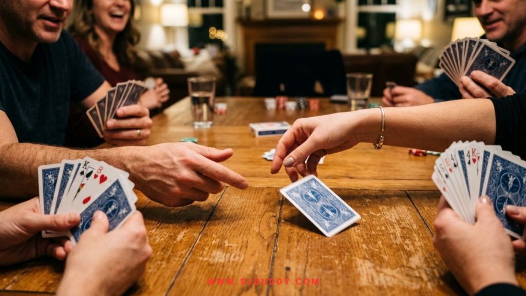 how to play spoons passing 2026 Players passing cards during a game of Spoons