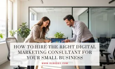 Digital marketing consultant for small businesses analyzing growth charts on a laptop with a client in a modern office.